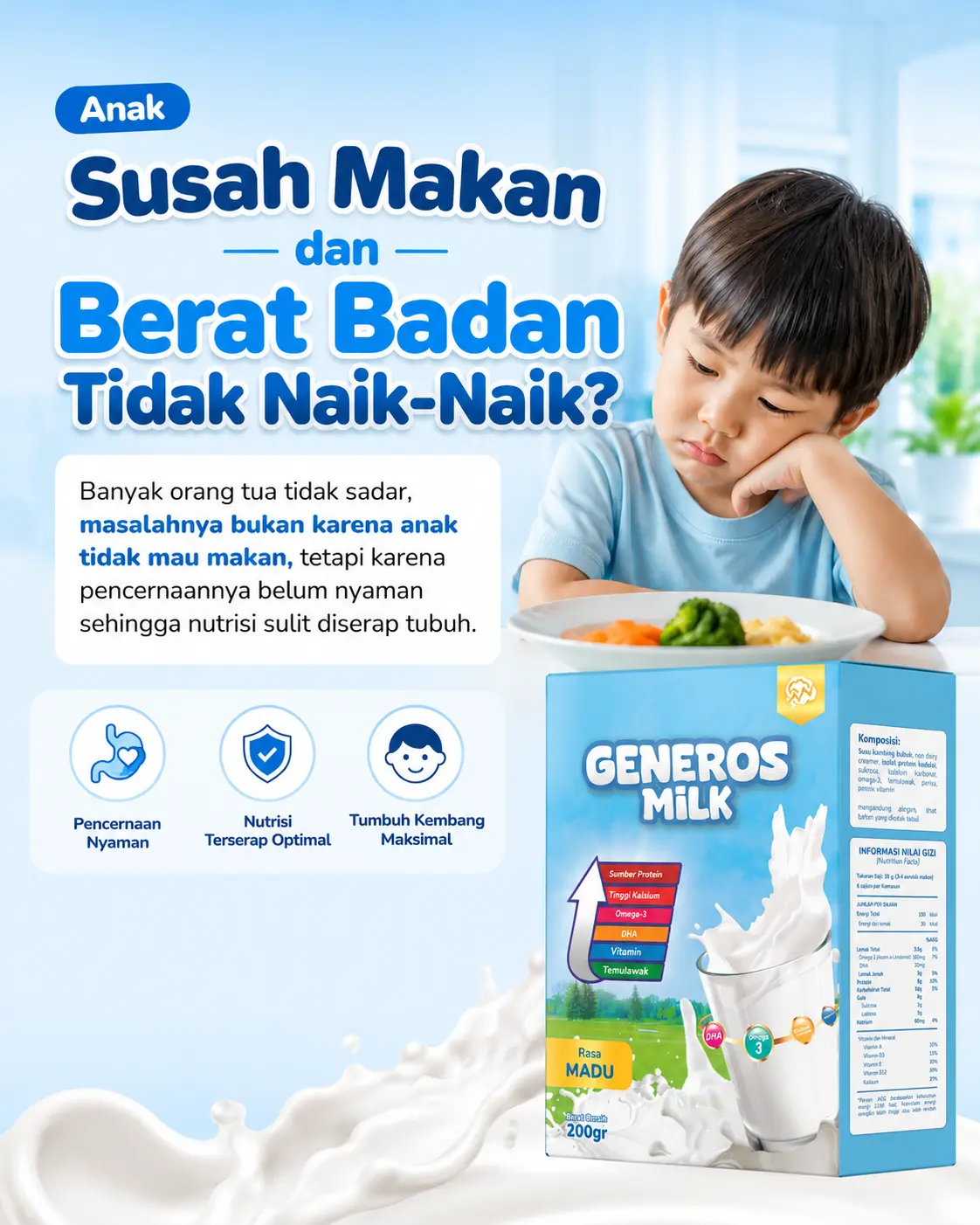 Anak susah makan dan berat badan tidak naik-naik? Generos Milk solusinya
