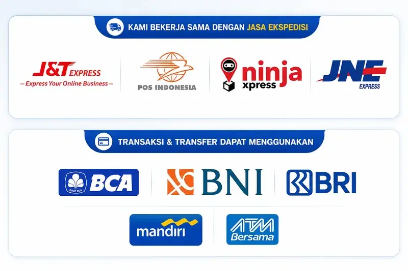 Pengiriman via J&T, POS, Ninja Xpress, JNE. Bayar via BCA, BNI, BRI, Mandiri